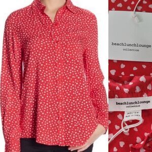 NEW RED WHITE HEARTS TUNIC BEACH LUNCH LOUNGE LONG SLEEVE SHIRT TOP XS SMALL NWT
